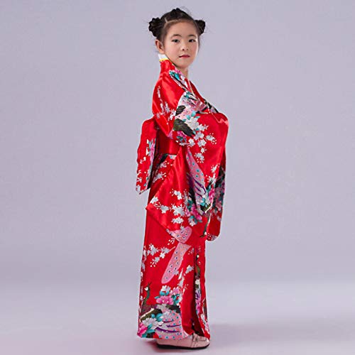 Vestido Niñas Kimono Japones Niños Vestidos para Niña Niños Yukata Tradicional Ropa Niña Satén Soft Flor Peacock Estampado Albornoces Pijamas para los Niños Fotografia Cosplay (Rojo, 9-10 años)