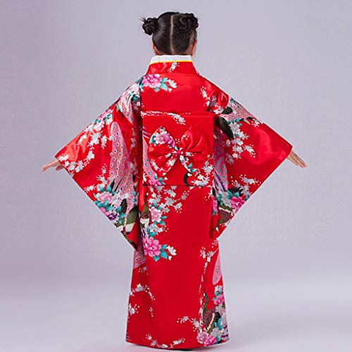 Vestido Niñas Kimono Japones Niños Vestidos para Niña Niños Yukata Tradicional Ropa Niña Satén Soft Flor Peacock Estampado Albornoces Pijamas para los Niños Fotografia Cosplay (Rojo, 9-10 años)