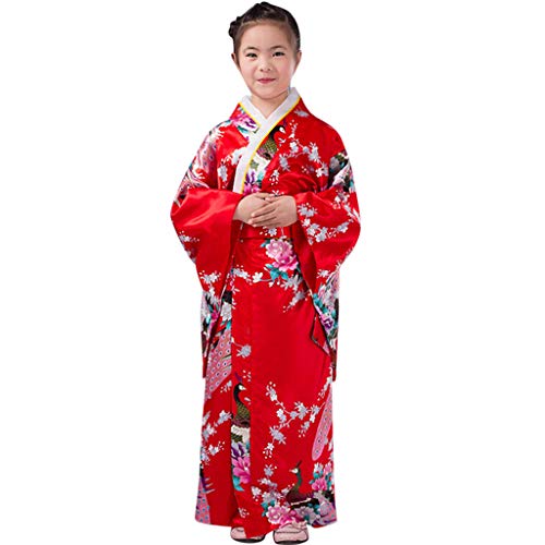 Vestido Niñas Kimono Japones Niños Vestidos para Niña Niños Yukata Tradicional Ropa Niña Satén Soft Flor Peacock Estampado Albornoces Pijamas para los Niños Fotografia Cosplay (Rojo, 9-10 años)