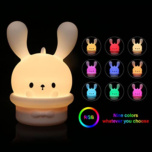 Vicloon Luz Nocturna para Niños LED Lampara Infantil Bebés Que Cambia de Color Batería Recargable Luz de Noche Control Táctil Seguridad Silicona Conejo de Orejas Largas Luz de Pesadilla…