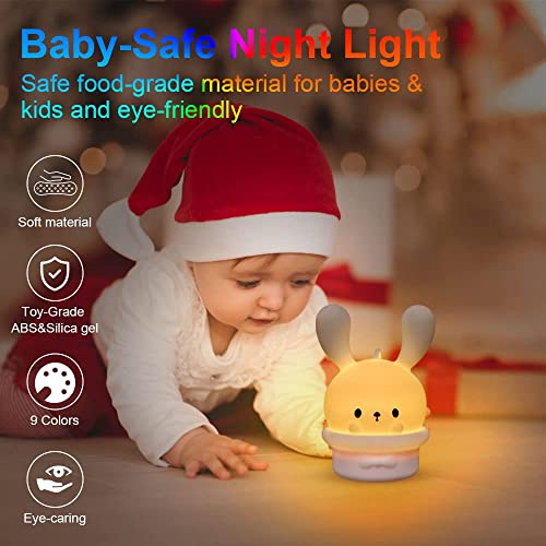 Vicloon Luz Nocturna para Niños LED Lampara Infantil Bebés Que Cambia de Color Batería Recargable Luz de Noche Control Táctil Seguridad Silicona Conejo de Orejas Largas Luz de Pesadilla…