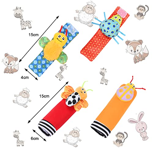 Vicloon Sonajero Calcetines y Muñequeras para Bebé, 4pcs Sonajeros de Muñeca Bebe Sonajero de Pies y Manos Juguetes, Sonajero para Recién Nacidos para Bebé de 4-5 Meses(Insecto)