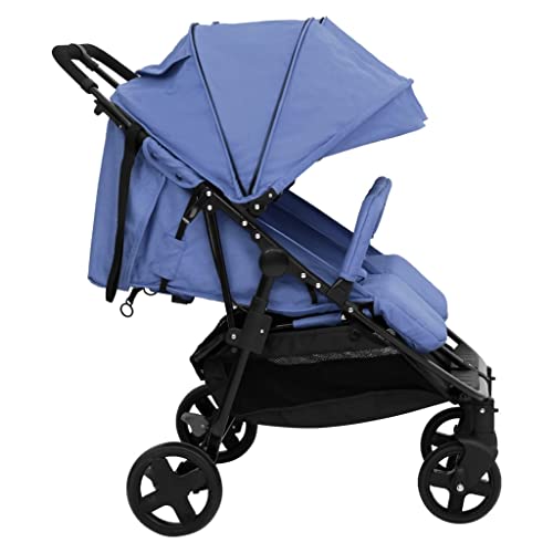 vidaXL Carrito para Gemelos Cochecito Sillita Gemelar Silla de Paseo Canasta Niños Reposapiés Ajustable Dosel Plegable de Acero Azul Marino y Negro