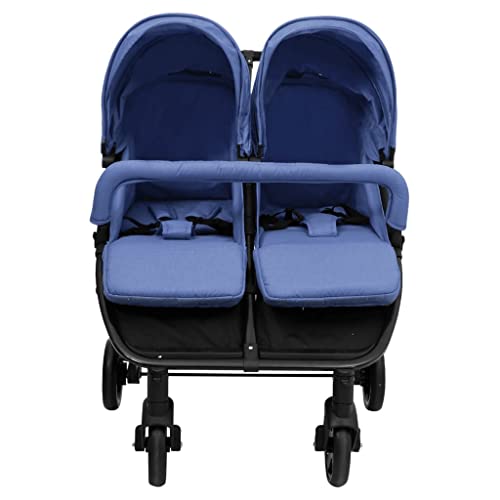 vidaXL Carrito para Gemelos Cochecito Sillita Gemelar Silla de Paseo Canasta Niños Reposapiés Ajustable Dosel Plegable de Acero Azul Marino y Negro