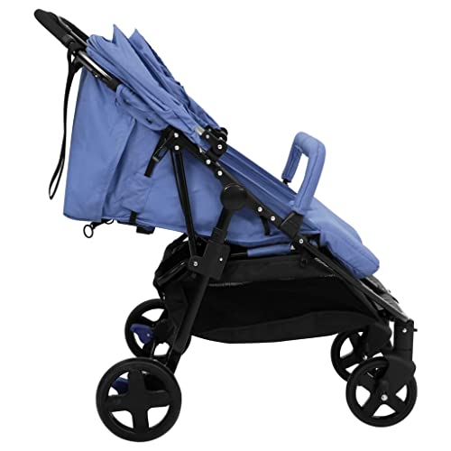 vidaXL Carrito para Gemelos Cochecito Sillita Gemelar Silla de Paseo Canasta Niños Reposapiés Ajustable Dosel Plegable de Acero Azul Marino y Negro