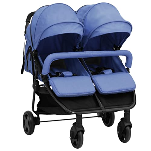 vidaXL Carrito para Gemelos Cochecito Sillita Gemelar Silla de Paseo Canasta Niños Reposapiés Ajustable Dosel Plegable de Acero Azul Marino y Negro