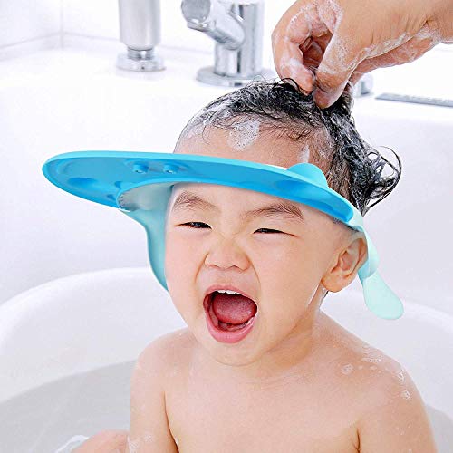 Voarge Gorro de champú para bebé, protección para la ducha, ajustable, protección para los ojos, champú, protector de hipopótamo, bañera, protección contra salpicaduras, para bebés y niños (azul)