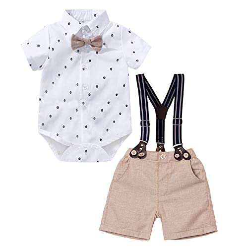 Volunboy Bebé Niño Caballero Conjunto, Camisa de Manga Corta con Pajarita + Corta Pantalón Traje Ropa(Blanco,9-12 meses,Tamaño 73)