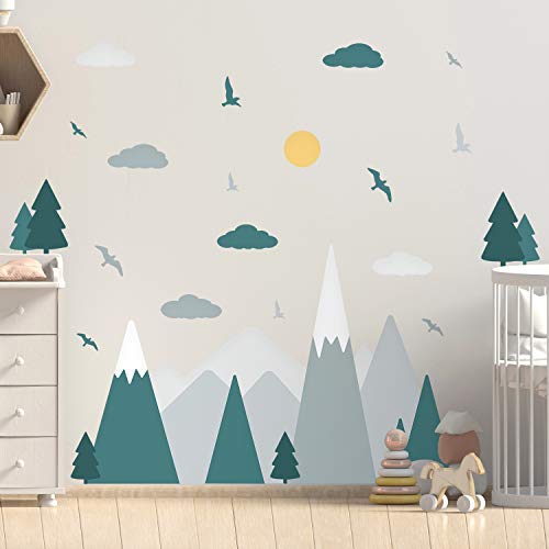 WALPLUS Colorido paisaje de montañas, estilo escandinavo, pegatinas de pared para niños, pegatinas de montaña, cuarto de bebé, bosque, aventura