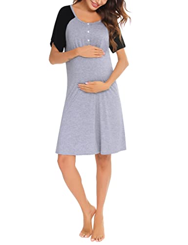 Wayleb Camisón Lactancia Algodón Mujer con Botones Ropa de Premamá con Apertura Vestido Lactancia Maternidad Camisón de Maternidad Embarazo Pijama para Hospital Hogar