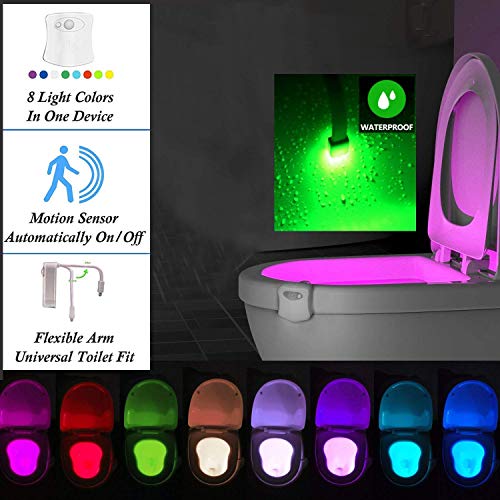 WC luz nocturna LED Luz de Inodoro Luz con Detección de movimiento del sensor automático, 8 Cambio de Color, Funciona con Pilas, para cuartos de baño con niños