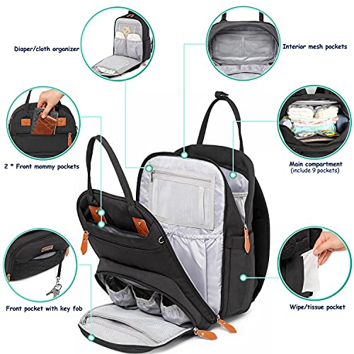 WELAVILA Mochila de pañales, Bolsas unisex para bebés con cambiador, bolsillos aislados y soporte para chupete, Mochila de viaje multifuncional grande mamá y papá (Negro)