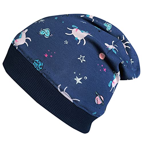 Wollhuhn Gorro de lana para niña con puños elásticos (tejido ecológico) 22222222, Mini unicornios azul oscuro, Small