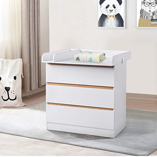 WOLTU Table à Langer avec 3 tiroirs Meuble à Langer pour bébé en aggloméré et MDF,Blanc WT002+WT003