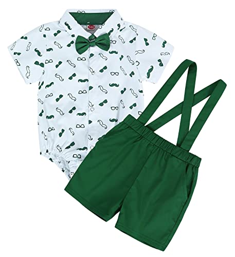 WonderBabe Traje de Caballero Para Bebés y Niños Conjunto de Pantalones Cortos Para Recién Nacidos Camisa de Manga Corta Con Botones Pantalones Con Tirantes y Pajarita 3 Piezas Color Verde 3-6 Meses