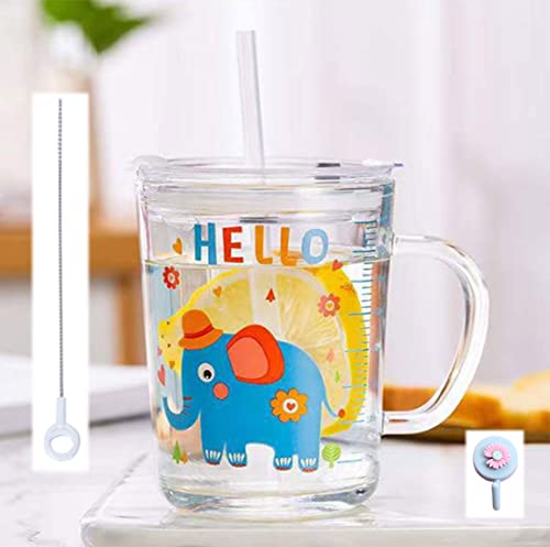 Xfeyaqlo Taza de Leche con Pajita - Tazas Medición - Vaso Leche con Tapa Niños - Resistente al calor para jugo de leche para microondas,400 ml - elefante azul