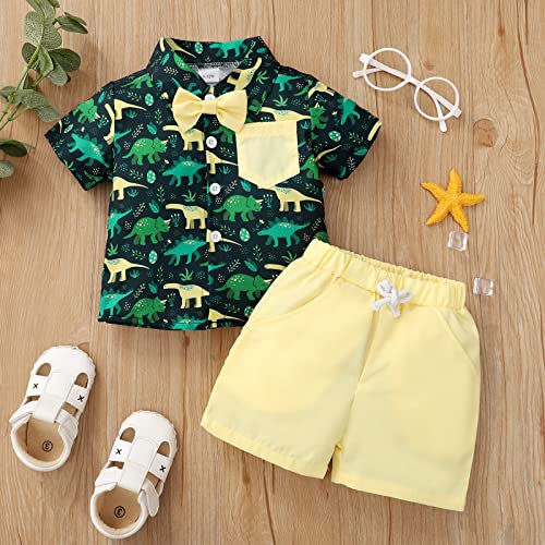 XIXIMAON 2 PCS Conjunto de Ropa Verano para Bebé Traje Informal de Playa Camisa de Manga Corta con Pajarita y Estampado de Dibujo Animado + Pantalones Cortos para Niños Pequeños (6-12 Meses, Verde)