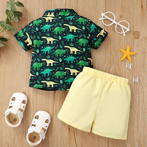 XIXIMAON 2 PCS Conjunto de Ropa Verano para Bebé Traje Informal de Playa Camisa de Manga Corta con Pajarita y Estampado de Dibujo Animado + Pantalones Cortos para Niños Pequeños (6-12 Meses, Verde)