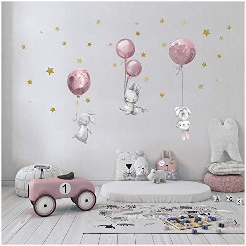 yabaduu Y037-6 - Adhesivo decorativo para pared, diseño de conejos y globos