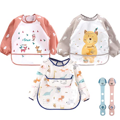 YINGJEE Baberos del Bebé Impermeable, 3 Piezas Babero con Mangas Largas EVA Impermeable para Niños Niñas 6-36 Meses, Babero Impermeable Infantil de Bebé Unisexo para Pintar