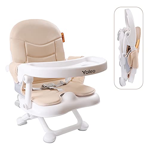 YOLEO Alzadores de Asiento para Bebé, Alzador Silla para Niños Portátil, Asiento Elevador Plegable, Altura Ajustable y Bandeja Extraíble, de 6 meses a 3 años, Beige