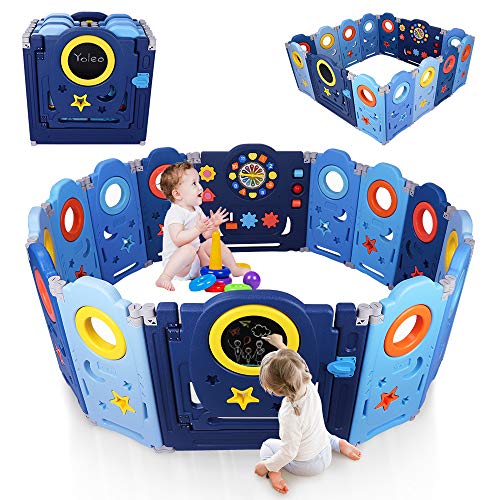 YOLEO Parque Infantil para Bebés, Corralito Bebe XXL 12 + 2 paneles, Centro de Actividades para Niños, Patio de Juegos de Seguridad Hogar Interior Exterior de 0 a 6 Años, Plegable, Azul