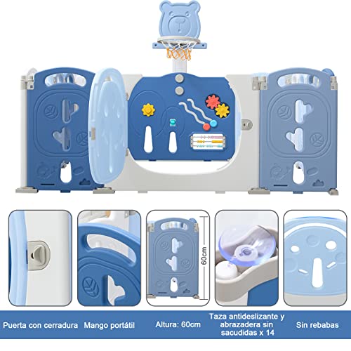 YOLEO Parque Infantil para Bebés, Corralito Bebe XXL 12 + 2 paneles, Centro de Actividades para Niños, Patio de Juegos de Seguridad Hogar Interior Exterior de 0 a 6 Años, Plegable (Azul-Blanco)