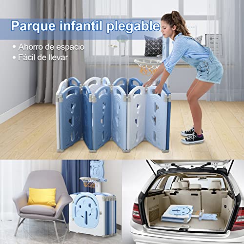 YOLEO Parque Infantil para Bebés, Corralito Bebe XXL 12 + 2 paneles, Centro de Actividades para Niños, Patio de Juegos de Seguridad Hogar Interior Exterior de 0 a 6 Años, Plegable (Azul-Blanco)