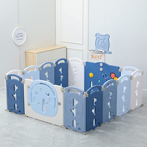 YOLEO Parque Infantil para Bebés, Corralito Bebe XXL 12 + 2 paneles, Centro de Actividades para Niños, Patio de Juegos de Seguridad Hogar Interior Exterior de 0 a 6 Años, Plegable (Azul-Blanco)