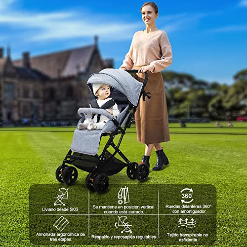 YOLEO Silla de Paseo, Carro de Bebe Ligera Plegable, Ángulo de Inclinación Ajustable, Silla Paseo de 4 Ruedas, Solo Pesa 5 KG, Adecuado para Bebés de Menos de 15 KG (Gris)