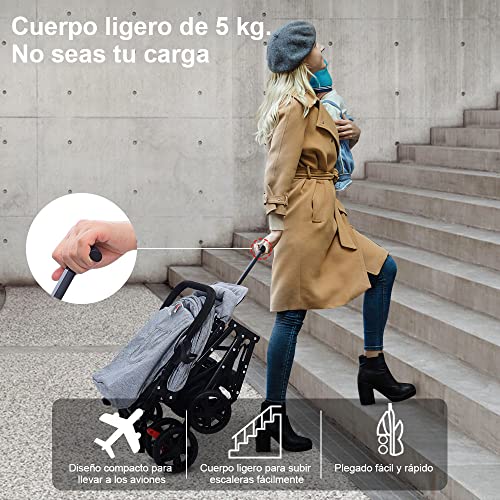 YOLEO Silla de Paseo, Carro de Bebe Ligera Plegable, Ángulo de Inclinación Ajustable, Silla Paseo de 4 Ruedas, Solo Pesa 5 KG, Adecuado para Bebés de Menos de 15 KG (Gris)