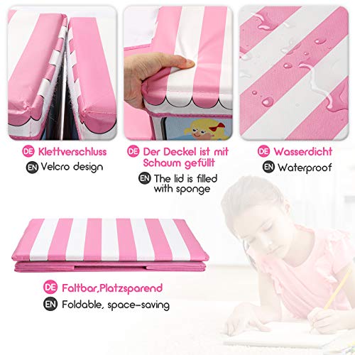 YORBAY Caja de Almacenamiento para niños de Juguetes Plegable con Tapa, Taburete Infantil, Plegable, para niños y niñas (Rosa/Carrito de Helados)