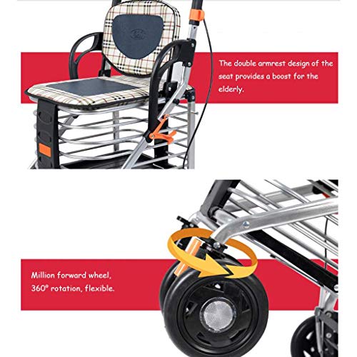 ywewsq Carrito de supermercado Carrito de Compras multifunción Andador Auxiliar Plegable Ayudante de Cuatro Ruedas Los Ancianos Pueden Sentarse en el Carrito, con Aproximadamente 75 kg de carretill