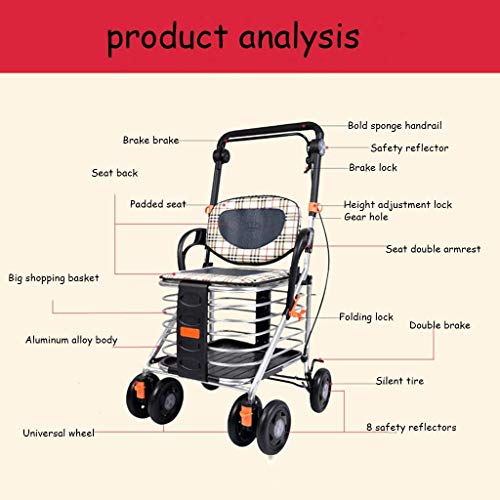 ywewsq Carrito de supermercado Carrito de Compras multifunción Andador Auxiliar Plegable Ayudante de Cuatro Ruedas Los Ancianos Pueden Sentarse en el Carrito, con Aproximadamente 75 kg de carretill