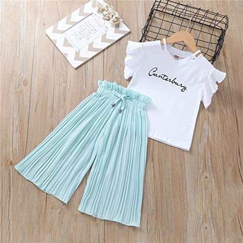 YWLINK Baby Girls 2PCS Trajes de Primavera Blusa de Lino de algodón de Manga Corta Camiseta Top y pantalón Largo Gasa Flare Pantalones Anchos Conjunto de Ropa Adecuado para 4-14 años