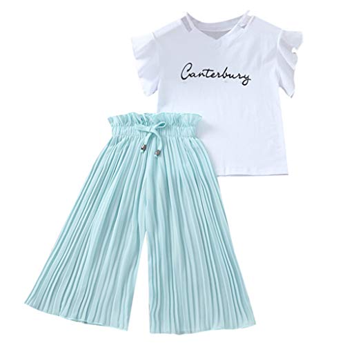 YWLINK Baby Girls 2PCS Trajes de Primavera Blusa de Lino de algodón de Manga Corta Camiseta Top y pantalón Largo Gasa Flare Pantalones Anchos Conjunto de Ropa Adecuado para 4-14 años