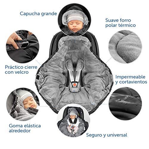 Zamboo Manta arrullo bebe PRO Grupo 0 (cinturón 3 y 5 puntos) - Saco capazo bebe - Manta envolvente bebe recien nacido con forro polar térmico y capucha - Negro