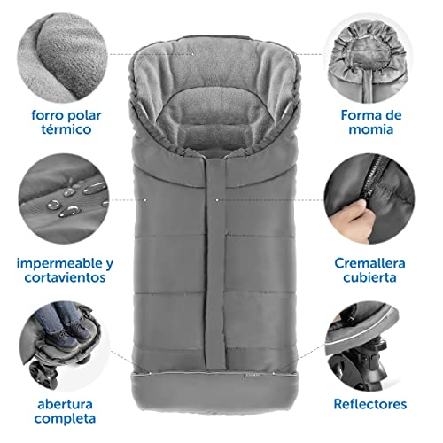 Zamboo - Saco invierno para Silla Paseo Joie - Sacos de Silla de bebe con Forro Polar térmico - Sacos de abrigo para Carritos con capucha, reflectores y bolsa - Gris