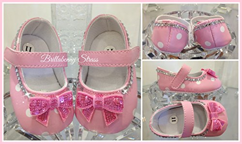 Zapatos de bebé brillantes con lunares rosa de 3 a 6 meses de bailarina, personalizados con lazos de 10,5 cm, 3 a 6 meses