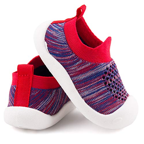 Zapatos de Punto para niños, Zapatos de bebé de Suela Suave, Suaves, Respirables, Ligeros, adecuados para 1-4 años de Edad, Rayas Rojo, 19 EU