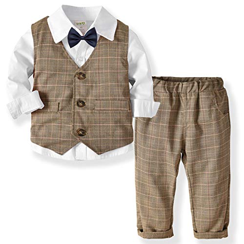 ZOEREA 3 Piezas Trajes de Bebés Niños Chaleco + Camisa con Pajarita + Pantalones Niño Caballeros Bautismo Boda Bautizo Patrón de Cuadrícula Marrón Conjuntos de Ropa Blanco, Etiqueta 90