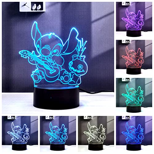 2 en 1,Lilo and Stitch, lámpara LED de anime con ilusión 3D, control remoto RGB de 16 colores,luz de noche para niños