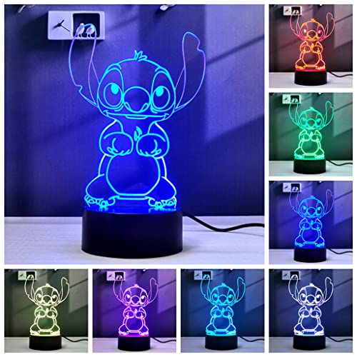 2 en 1,Lilo and Stitch, lámpara LED de anime con ilusión 3D, control remoto RGB de 16 colores,luz de noche para niños