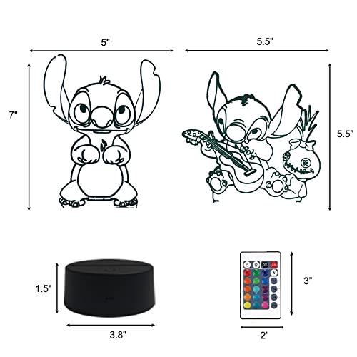 2 en 1,Lilo and Stitch, lámpara LED de anime con ilusión 3D, control remoto RGB de 16 colores,luz de noche para niños