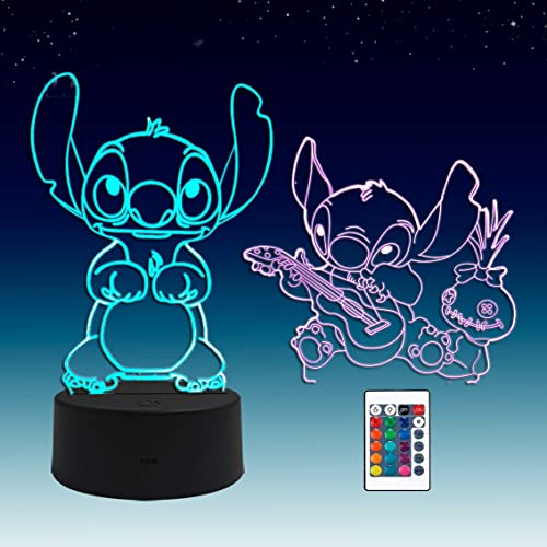 2 en 1,Lilo and Stitch, lámpara LED de anime con ilusión 3D, control remoto RGB de 16 colores,luz de noche para niños