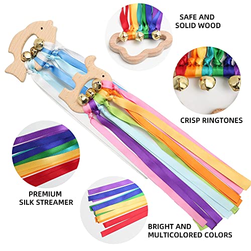 2 piezas de cinta colorida Montessori cometa de mano con campana, cinta de madera, juguetes sensoriales de arco iris con anillo de madera, deportes, decoración de fiesta de cumpleaños