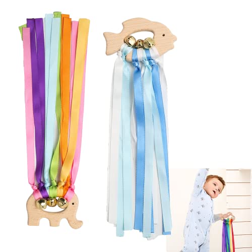 2 piezas de cinta colorida Montessori cometa de mano con campana, cinta de madera, juguetes sensoriales de arco iris con anillo de madera, deportes, decoración de fiesta de cumpleaños