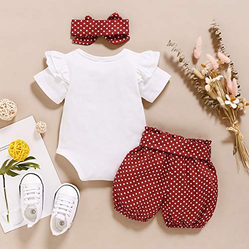 3 Piezas Conjunto Top y Pantalones Ropa Bebe Niña 0-3 meses Verano Algodon - Mono “isn't she lovely” + Pantalón Corto a Lunares + Banda de Pelo para 0-18 Meses Recien Nacido Niño (3-6 Meses, Rojo)