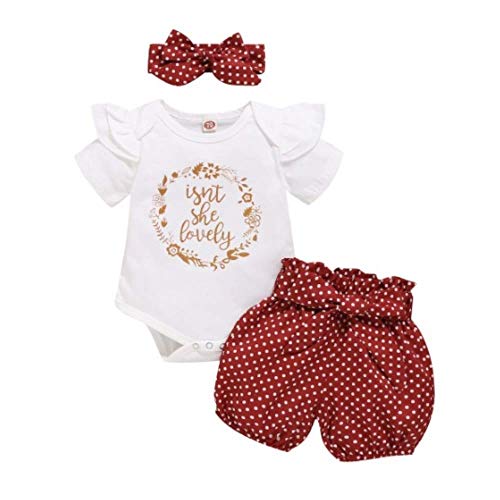 3 Piezas Conjunto Top y Pantalones Ropa Bebe Niña 0-3 meses Verano Algodon - Mono “isn't she lovely” + Pantalón Corto a Lunares + Banda de Pelo para 0-18 Meses Recien Nacido Niño (3-6 Meses, Rojo)