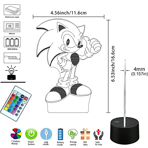 3D Illusion Sonic Hedgehog Night Light, lámpara de mesa de anime con control remoto para decoración de dormitorio infantil, iluminación creativa para niños y fanáticos